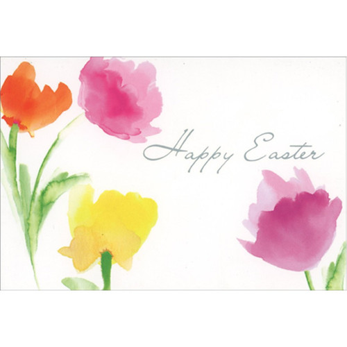 Four Orange, Pink and Yellow Watercolor Flowers Easter Card: Happy Easter
