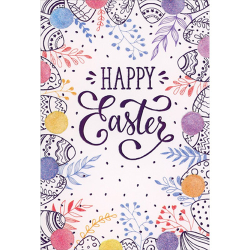 Thin Black Lined Eggs and Glitter Circles Border Easter Card: Happy Easter