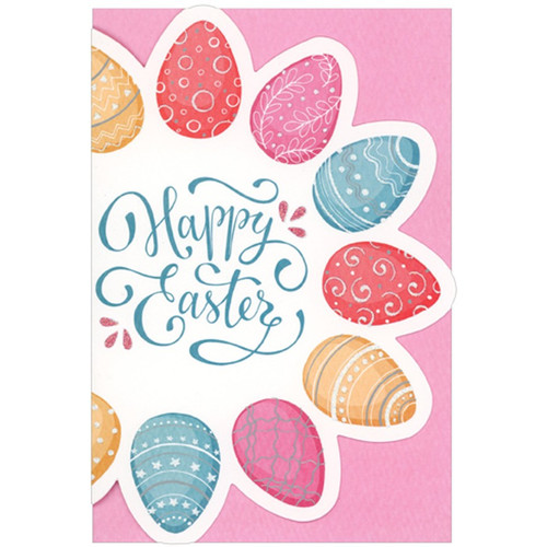 Colorful Eggs in Die Cut Flower Shape Easter Card: Happy Easter