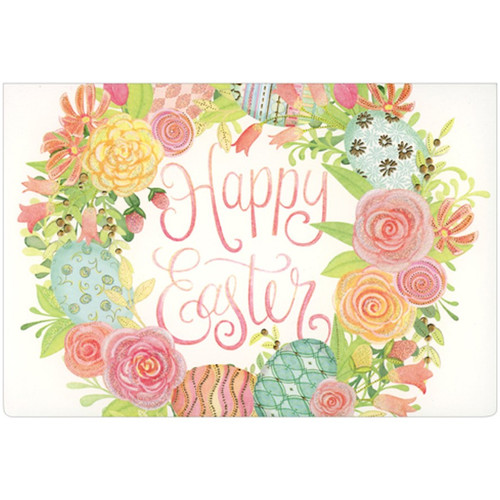 Happy Easter: Pastel Flowers and Eggs Wreath Inspirational Easter Card: Happy Easter