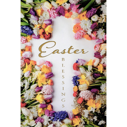 White Cross Created by Border of Flowers Religious Easter Card: Easter Blessings