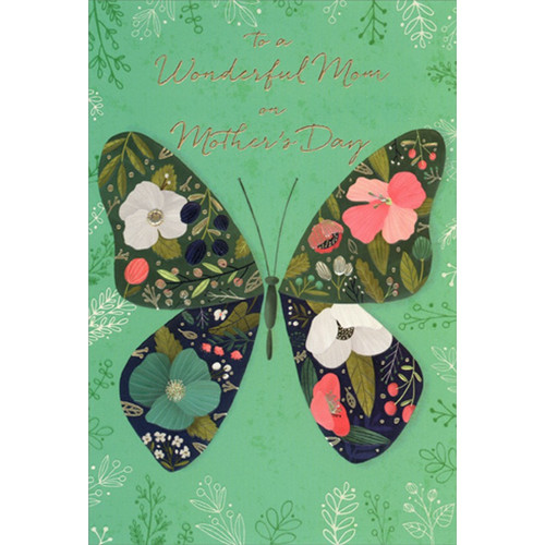 Large Butterfly with Flowered Wings on Green Mother's Day Card: To a Wonderful Mom on Mother's Day