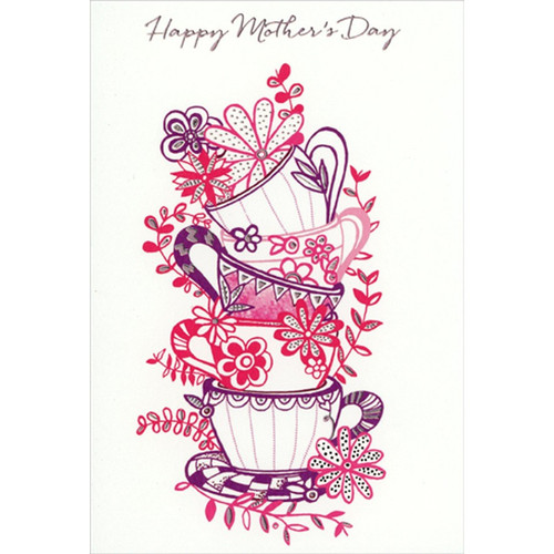 Stack of 5 Red and Purple Teacups Mother's Day Card: Happy Mother's Day