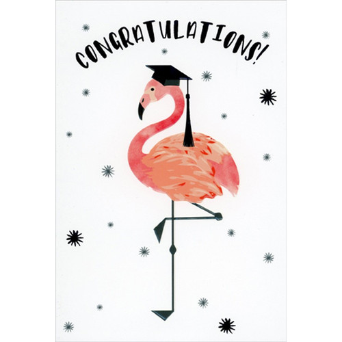 Pink Flamingo Wearing Black Grad Cap Humorous / Funny Graduation Congratulations Card: Congratulations!