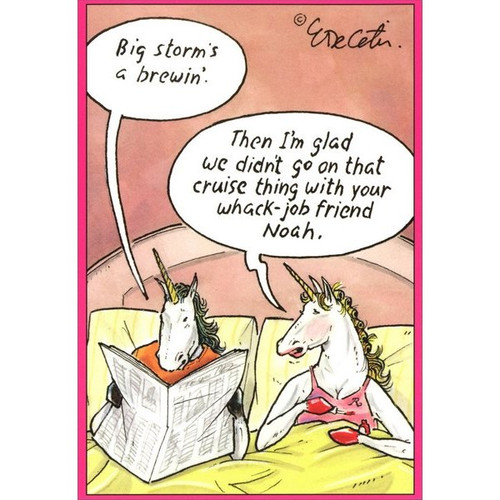 Unicorns Eric Decetis Funny / Humorous Birthday Card: Big storm's a brewin'.  Then I'm glad we didn't go on that cruise thing with your whack-job friend Noah.