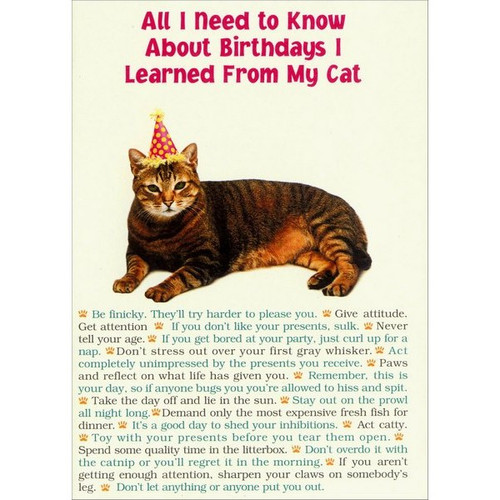 All I Need From Cat Funny / Humorous Birthday Card: All I Need To Know About Birthdays I learned From My Cat  *  Be finicky. They'll try harder to please you.  *  Give attitude. Get Attention.  *  If you don't like your presents, sulk.  *  Never tell your age.  *  If you get bored at your party, just curl up for a nap.  *  Don't stress out over your first gray whisker.  *  Act completely unimpressed by the presents you receive.  *  Paws and reflect on what life has given to you.  *  Remember, this is your day, so if anyone bugs you you're allowed to hiss and spit.  *  Take the day off and lie in the sun.  *  Stay out on the prowl all night long.  *  Demand only the most expensive fresh fish for dinner.  *  It's a good day to shed you inhibitions.  *  Act catty.  *  Toy with your presents before you tear them open.  *  Spend some quality time in the litterbox.  *  Don't overdo it with the catnip or you'll regret it in the morning.  *  If you aren't getting enough attention, sharpen your claws on somebody's leg.  *  Don't let anything or anyone put you out.