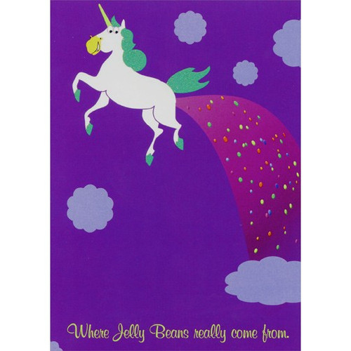 Jellybean Unicorn Funny Easter Card: Where Jelly Beans really come from.