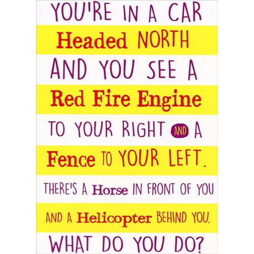 Merry Go Round Funny / Humorous Birthday Card: You're in a car headed North and you see a red fire engine to your right and a fence to your left.  There's a horse in front of you and a helicopter behind you.  What do you do?