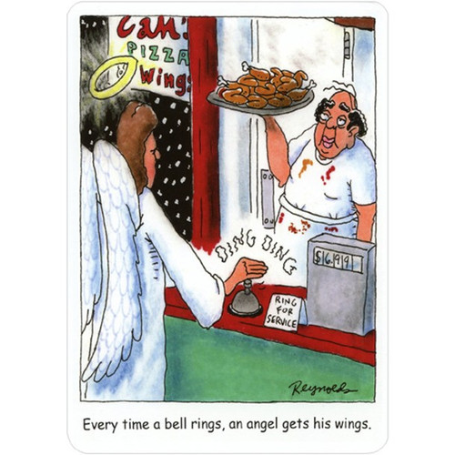 Angel Gets Wings Funny Dan Reynolds Christmas Card: Everytime a bell rings, an angel gets his wings.