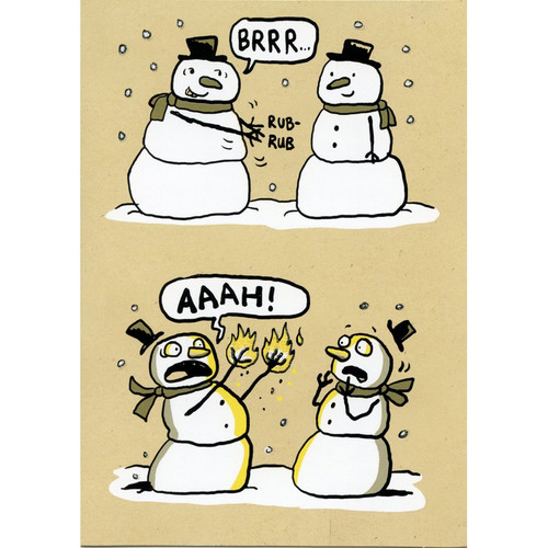 Two Snowmen Start Fire Funny / Humorous Christmas Card: BRRR... RUB-RUB ...AAAH!