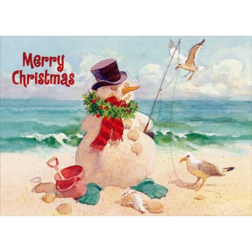 Snowman on Beach Box of 18 Christmas Cards: Merry Christmas