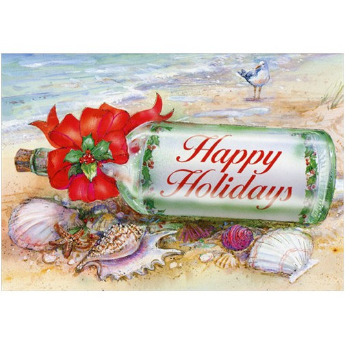 Holiday Message in Bottle Box of 18 Beach Christmas Cards: Happy Holidays