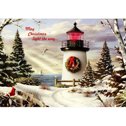 Lighthouse on Winter Path Box of 18 Coastal Christmas Cards: May Christmas light the way…