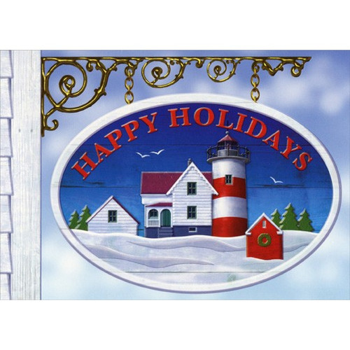 Hanging Sign: Red and White Lighthouse Box of 18 Coastal Christmas Cards: Happy Holidays