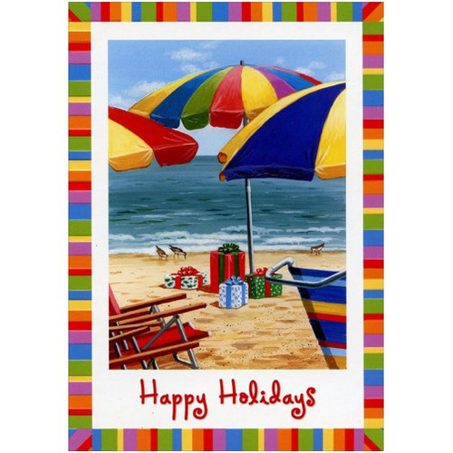 Colorful Beach Umbrellas Warm Weather Christmas Card: Happy Holidays