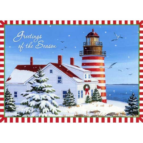 Lighthouse with Red and White Border Nautical Christmas Card: Greetings of the Season