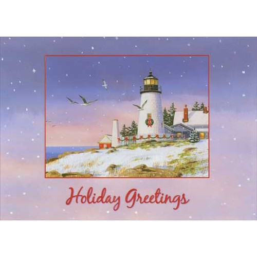 Holiday Greetings Lighthouse Coastal Christmas Card: Holiday Greetings