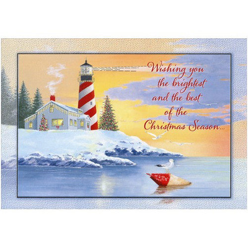 Lighthouse on Snow Covered Shore Coastal Christmas Card: Wishing you the brightest and the best of the Christmas Season…