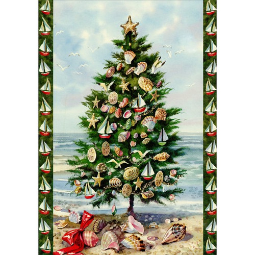 Sailboat Ornaments in Tree on Beach Nautical Coastal Christmas Card