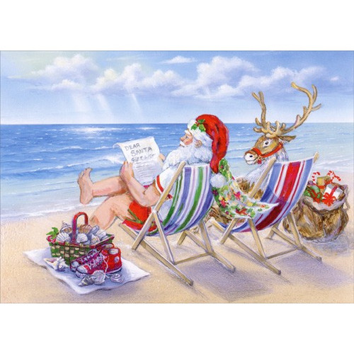 Santa Relaxing at the Beach Warm Weather Christmas Card: Dear Santa Gift List