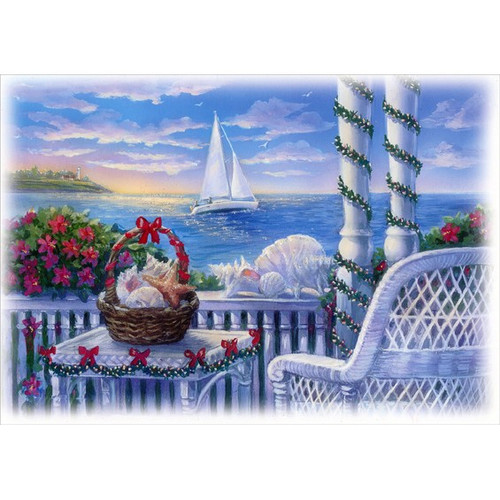 White Chair, Porch and Sailboat Nautical Coastal Christmas Card