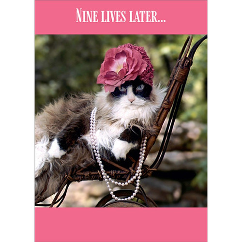 Nine Lives Later : Cat In Pearls Funny / Humorous Birthday Card: Nine lives later…