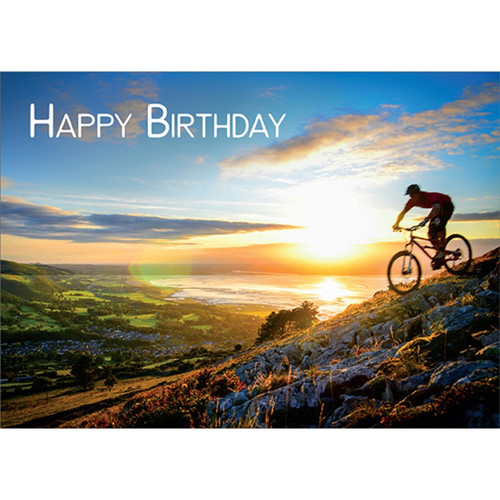 Biker Going Down Hill at Sunset Masculine Birthday Card for Him : Man : Men: Happy Birthday