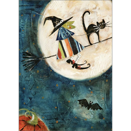 Witch and Cat Flying on Broom Across Full Moon Halloween Card