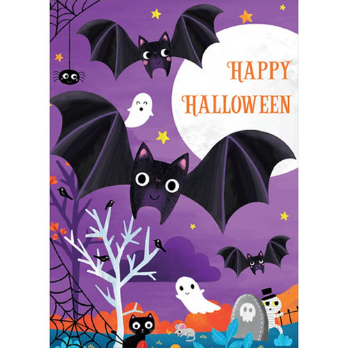 Cute Bats, Ghosts, Spiders and Full Moon in Purple Sky Tri-Fold Juvenile Halloween Card for Kid : Kids : Children: Happy Halloween