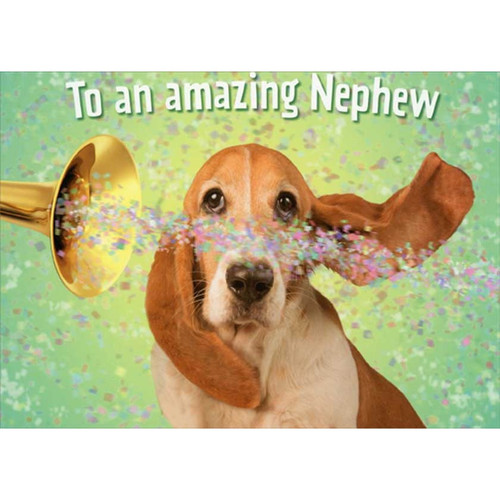 Basset Hound : Horn Blowing Confetti Juvenile / Kids Birthday Card for Young Nephew: To an amazing Nephew