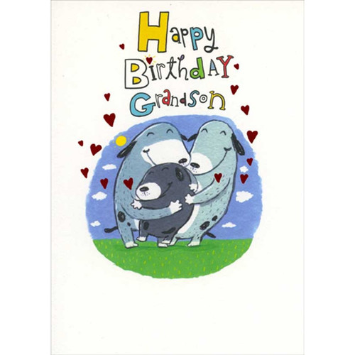 Hugging Dog Family Birthday Card for Young Grandson: Happy Birthday Grandson