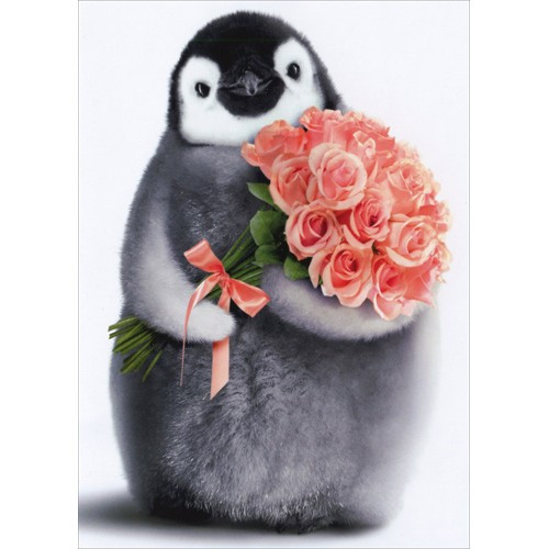 Penguin With Flower Bouquet Birthday Card