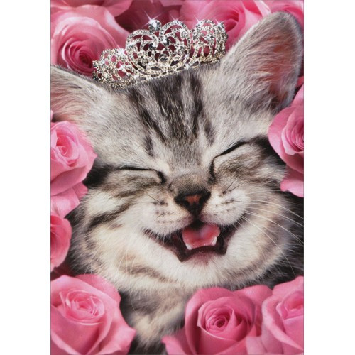 Kitten Face Flowers Tiara Cat Birthday Card