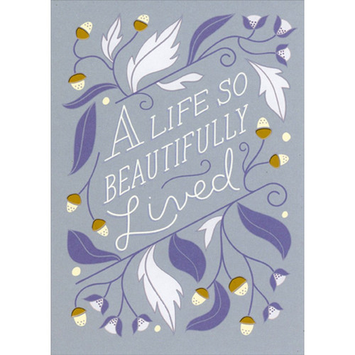 Life So Beautifully Lived : Purple Leaves and Gold Foil Buds Tri-Fold Premium Sympathy Card: A life so beautifully lived