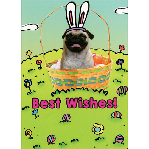 Pug with Bunny Ears Sitting in Basket Funny : Humorous Dog Easter Card: Best Wishes!