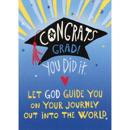 Let God Guide You : Cap on Blue Religious Graduation Congratulations Card: Congrats, Grad! You did it. Let God guide you on your journey out into the world.