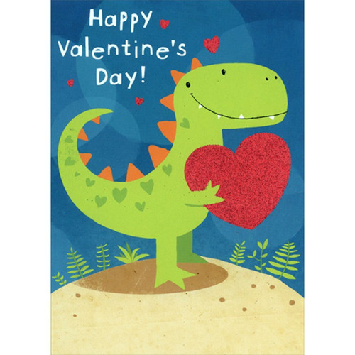 Green Dinosaur Holding Red Heart Valentine's Day Card for Kids: Happy Valentine's Day!