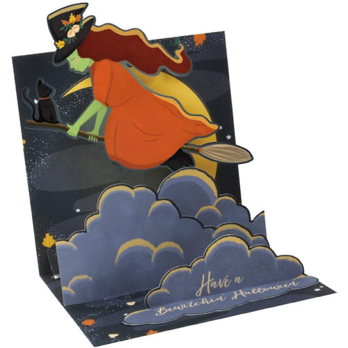 Witch and Gold Glitter Crescent Moon Pop-Up Halloween Card