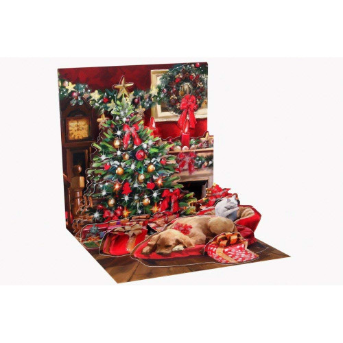 Decorated Holiday Room Tree, Dog and Cat Pop-Up Christmas Card
