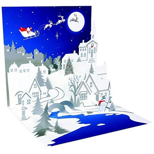 Village Silhouette and Santa Flying in Sleigh Pop Up Christmas Card