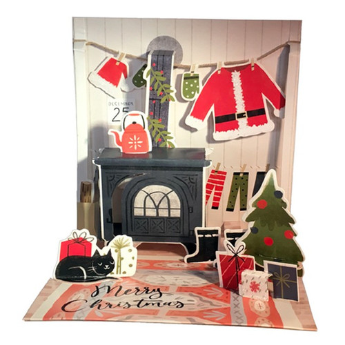 Cozy Christmas Wood Burning Stove Santas Clothes on Line Pop-Up Christmas Card