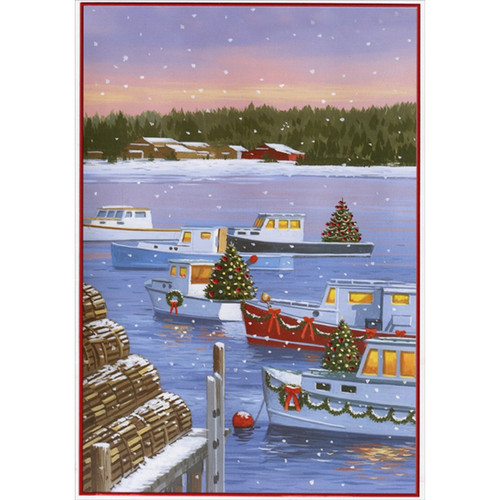 Six Decorated Boats in Harbor During Winter Nautical Box of 18 Christmas Cards