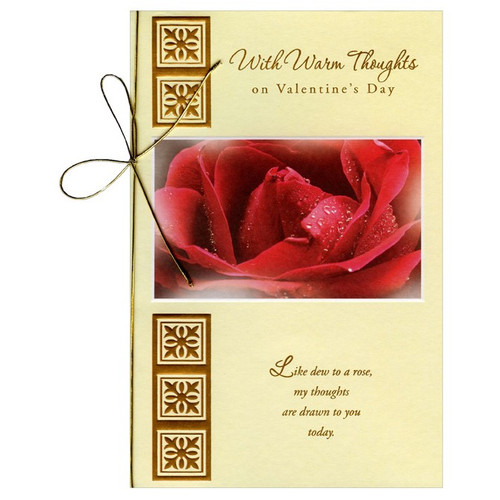 Dew on Red Rose Valentine's Day Card: With Warm Thoughts on Valentine's Day - Like dew to a rose, my thoughts are drawn to you today.