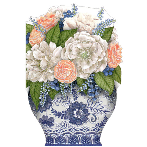 Orange, White and Blue Flowers in Short Wide Vase Die Cut Birthday Card