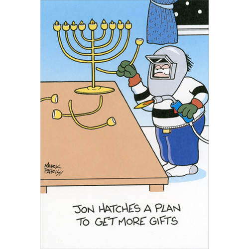 Man Welding Extra Branches on Menorah Funny / Humorous Mark Parisi Hanukkah Card: Jon hatches a plan to get more gifts