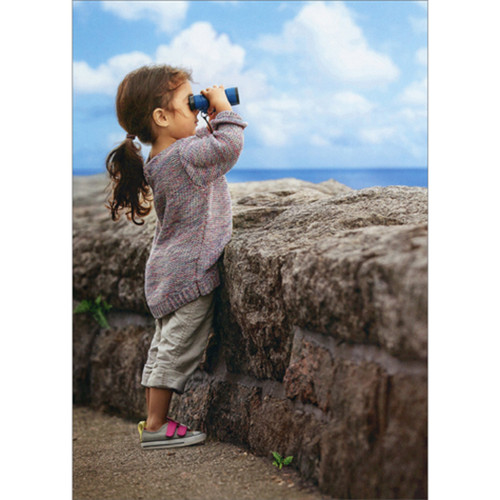 Little Girl Using Binoculars at Stone Wall Encouragement Card