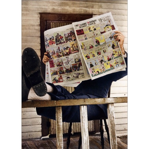 Man Reading Newspaper Comics on Porch America Collection Humorous / Funny Birthday Card