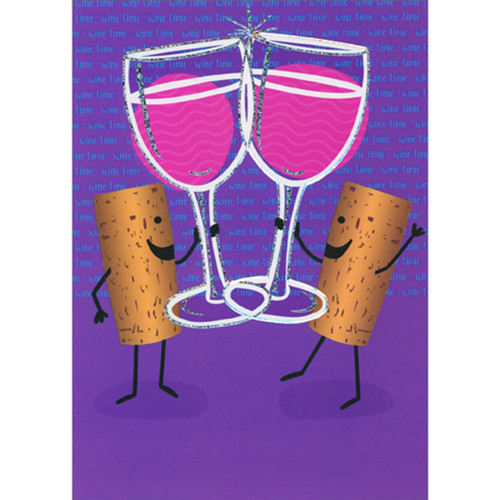 Wine Corks Toasting on Bright Purple A-Press Funny / Humorous Birthday Card