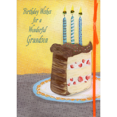 Slice of Vanilla Cake with Chocolate Frosting and Blue Candles Hand Crafted Birthday Card for Grandson: Birthday Wishes for a Wonderful Grandson