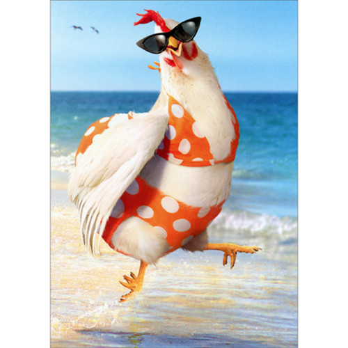 Chicken Wearing Orange and White Polka Dot Bikini Funny Feminine Just For Fun Card for Woman / Her
